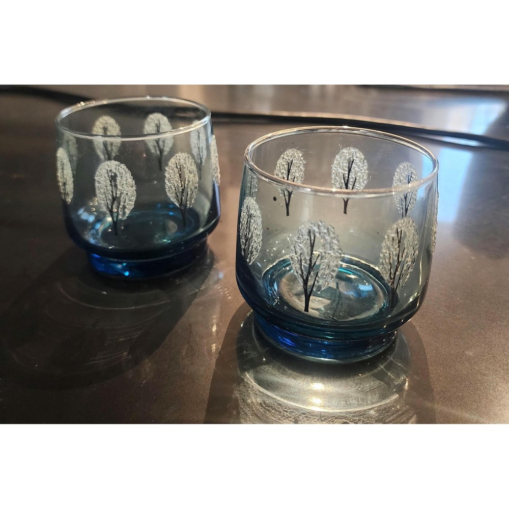 Dominion Glass Blue Frosted Tree Rocks Glasses Set of 2 Mid Century Stackable